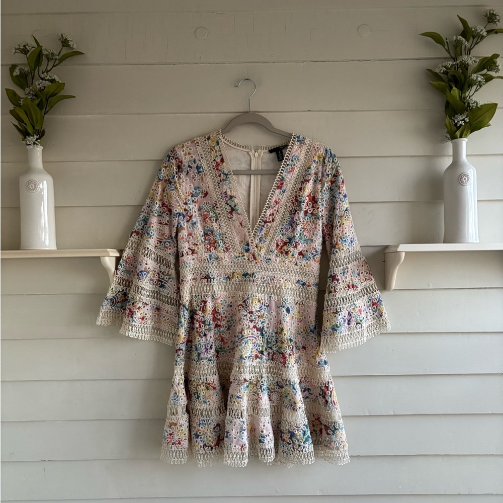 Aqua Floral Eyelet Mini Dress Size Medium